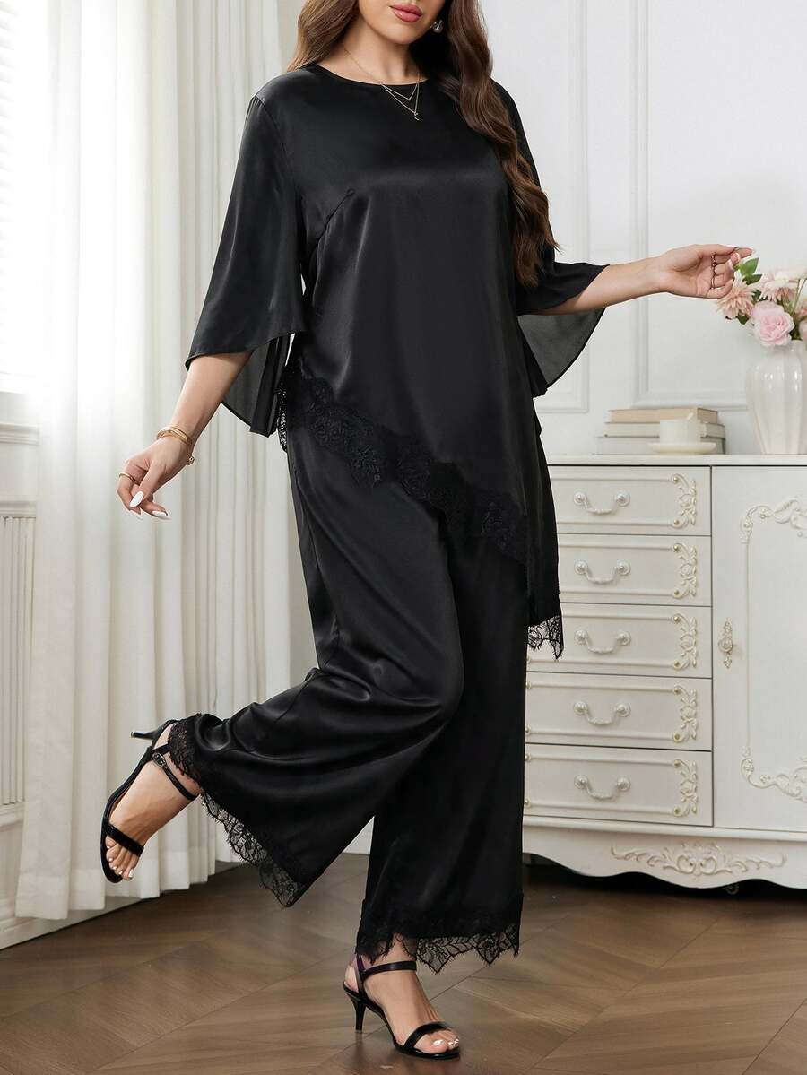 Reflora Plus Size Women Lace Patchwork Top And Pants Casual Daily 2 Pieces Set - Black - View 1