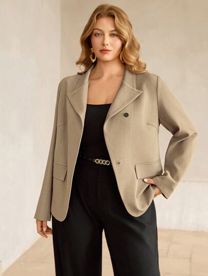 Roveilla Women's Khaki Stand Collar Open Front Curved Hem Waist Side Pockets Long Sleeve Blazer Jacket, Elegant Casual French Vintage Romantic Office Commute Workplace Women's European American Street Style Old Money Minimalist Versatile Afternoon Tea Party Back To School Christmas Halloween Autumn Winter New