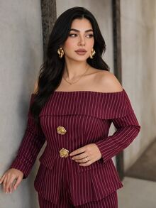 Modelyn Plus Size Women's Metal 3D Floral Decor Striped Off-Shoulder Long Sleeve Top And Flare Pants Elegant 2-Piece Set - Burgundy - View 7
