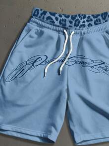 Manfinity Roghcode Shorts de cintura de doble capa con estampado de leopardo y patchwork para hombre - Azul - Ver 2