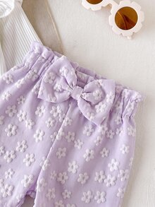 SHEIN Vintaside Kids 2件組女嬰連身衣+長褲，甜美優雅白色紫色羅紋花卉提花蝴蝶結設計，荷葉袖長袖圓領，生日派對秋季穿搭 - 紫色 - 查看 5