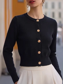 SHEIN PariChic Women's Solid Color Metal Single-Breasted Casual Daily Cardigan - Black - View 1
