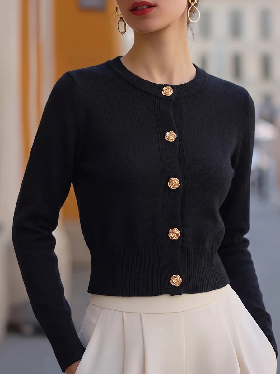 SHEIN PariChic Women's Solid Color Metal Single-Breasted Casual Daily Cardigan - Black - View 1