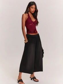 SHEIN BAE Women's Jacquard Slim Fit Versatile Daily Wear Halter Neck Top - Burgundy - View 4