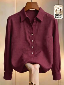 Louniche Women's Burgundy Button Down Shirt, Long Sleeve Collared Blouse,  Elegant Versatile Slimming Top, Spring/Autumn - Burgundy - View 3