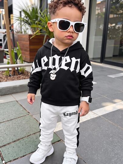 Baby Boy Hooded Casual Long Sleeve Sweatshirt & Pants Set, Comfortable Sweatshirt Outfit, Classic Cool Gothic Text Graphic Print, Suitable For Streetwear