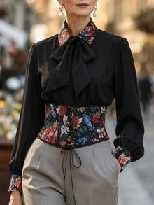 Balvessa Women's Tie-Neck Floral Print Casual Versatile Daily Wear Blouse - Black - View 1