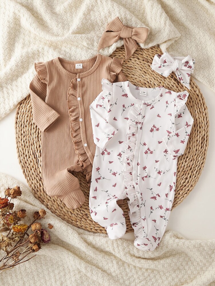 SHEIN 2 Sets Newborn Traceable Cotton Long Sleeve Jumpsuit And Headband 2-Piece Set, Knit Fabric, Cute Style, All-Season Wear, Cute Floral Digital Print Pattern, Best Gift For Newborns - Multicolor - View 3