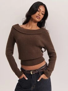 SHEIN BAE Autumn/Winter New Vintage Maillard Style Folded Collar Back Large U-Shaped Open Back Metal Buckle Design Ribbed High Waist Cinched Long Sleeve Women's Sweater - Coffee Brown - View 8