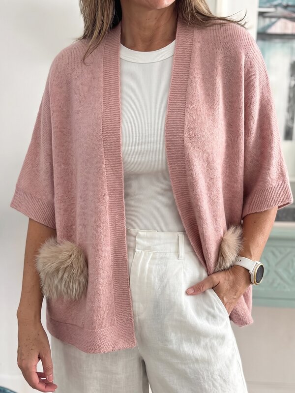 Sprig & Strand Autumn/Winter Lazy Korean Style Plush Pocket Knit Cardigan, V-Neck Mid-Sleeve Loose Shawl Collar, Daily Commute, Afternoon Tea, Date, Layering, Sweet Luxury Style Women's Open Front Jacket