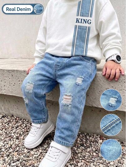 2pcs/Set Setelan Anak Laki-laki KING dengan Motif Huruf, Bahan Denim Imitasi, Kerah Bulat, Celana Jogger Denim Asli, Pullover Lengan Panjang, dan Celana Jeans Pinggang Elastis, Setelan Dua Potong Anak-anak Musim Gugur