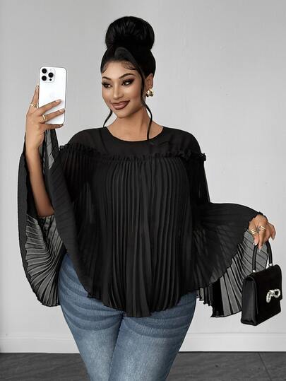 Maweii Plus Size Black Sheer Pleated Tulle Cape Top, Round Neck Ruffle Edge Loose Semi-Sheer Chiffon Layering Cover-Up