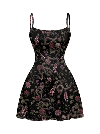 Goth Robe mini imprimée intégrale à motif floral peint à la main, esthétique sombre et sexy pour femmes