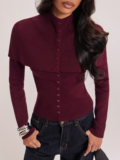 SHEIN BAE Nuevo Conjunto de 2 Piezas de Suéter para Mujer con Chal Elegante Vintage de Cuello Alto Abierto + Suéter de Cuello Redondo con Botones Delanteros y Cintura Fruncida de Manga Larga