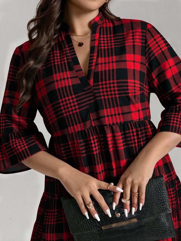 Comfylo Christmas Plaid Patchwork Tiered Maxi Skirt Plus Size - Red - View 2
