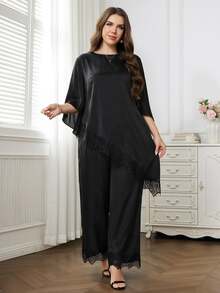 Reflora Plus Size Women Lace Patchwork Top And Pants Casual Daily 2 Pieces Set - Black - View 9