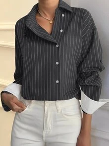 Livesso Autumn Spring Loose Business Casual Style 2 In 1 Color Block Patchwork Fine Stripe Design Asymmetric Placket Fashion Street Commute Elegant Women's Blouse - Grey - View 4