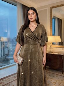 Auveirra Plus Size Women's Colorblock Casual Party Dress - Gold - View 4