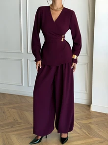 Aloruh Women's Elegant Commuter Wrap Coat & Trousers Suit Set,New Fall Styles - Purple - View 4