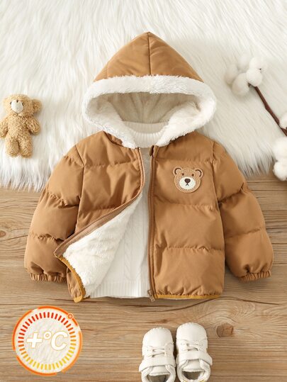 SHEIN Baby Jungen Baby Mädchen Baby Jungen Cartoon Bär Patchwork Kontrastfarbe Kapuzen Langarm Jacke Mantel, vielseitig bequem thermisch gefüttert verdickt Outdoorbekleidung geeignet für Herbst und Winter