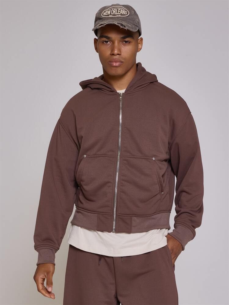 Musero Oversized Funnel Neck Button Placket Jersey Zip Up Hoodie Patch Kangaroo Pocket Detail Spring Summer Essentials Co Ord Jacket Only - Coffee Brown - View 1