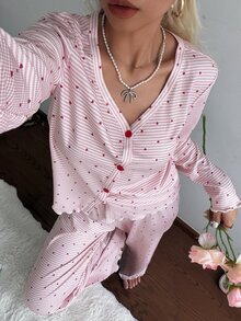CottageSlumber Women's V-Neck Button Decor Fashion Minimalist Striped Heart Print Pajama Set, 2 Pieces - Pink - View 5