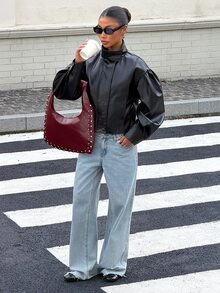 Muchica Women's Street Fashion Button Pocket PU Material Jacket - Black - View 5