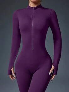 SHEIN Velisys 2件組女款秋冬拉鍊運動連身褲 長袖長褲 立領羅紋滑雪服 健身瑜珈運動連身褲 - 彩色 - 查看 4
