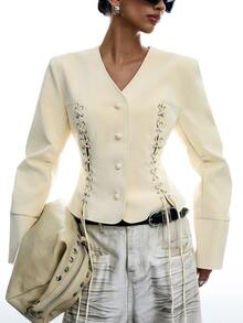 LYSMO Women's Solid Color V-Neck Tie Design Casual Daily Long Sleeve Jacket - Light Yellow - View 4