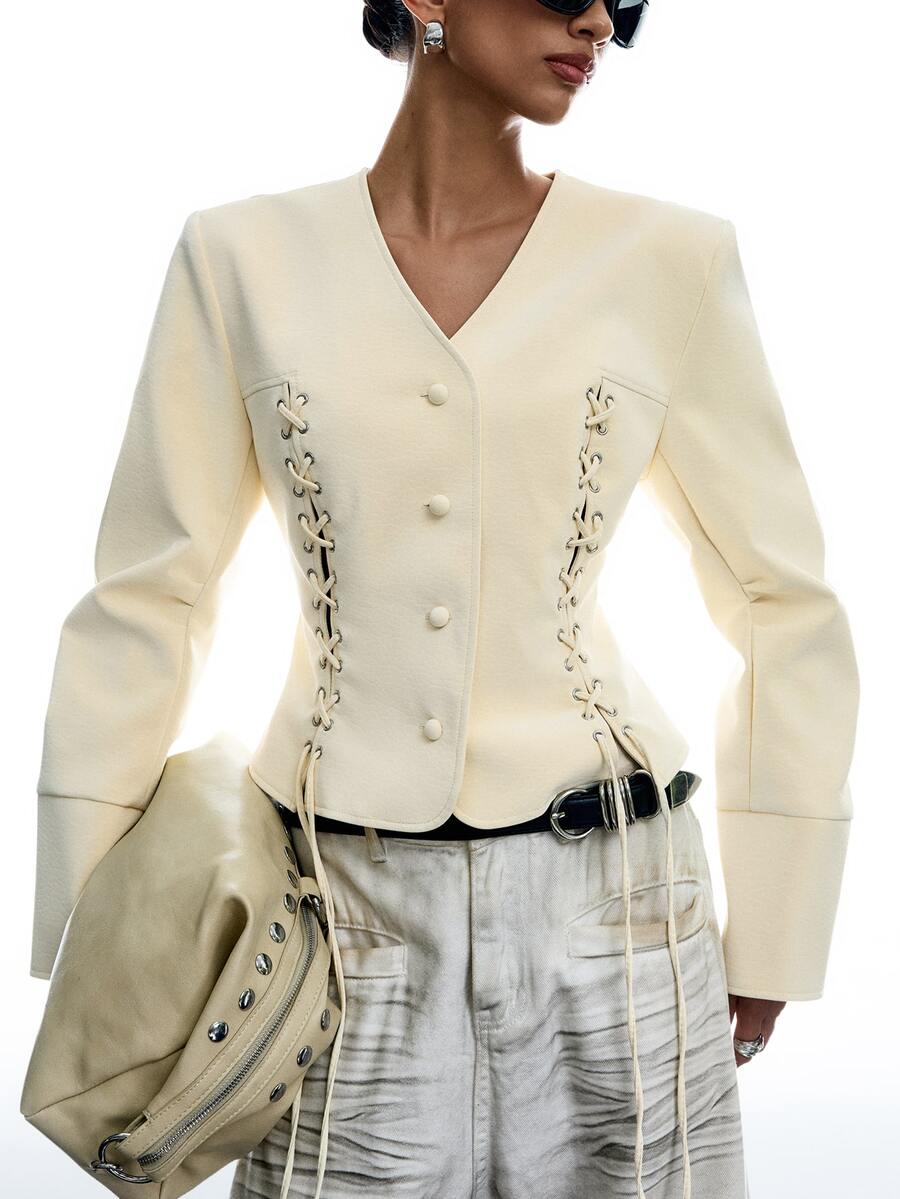 LYSMO Women's Solid Color V-Neck Tie Design Casual Daily Long Sleeve Jacket - Light Yellow - View 1