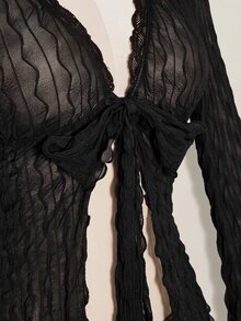 SHEIN ICON Y2K 棕色秋季不對稱下擺喇叭袖復古植絨網紗透視前開襟女款上衣 - 黑色 - 查看 10