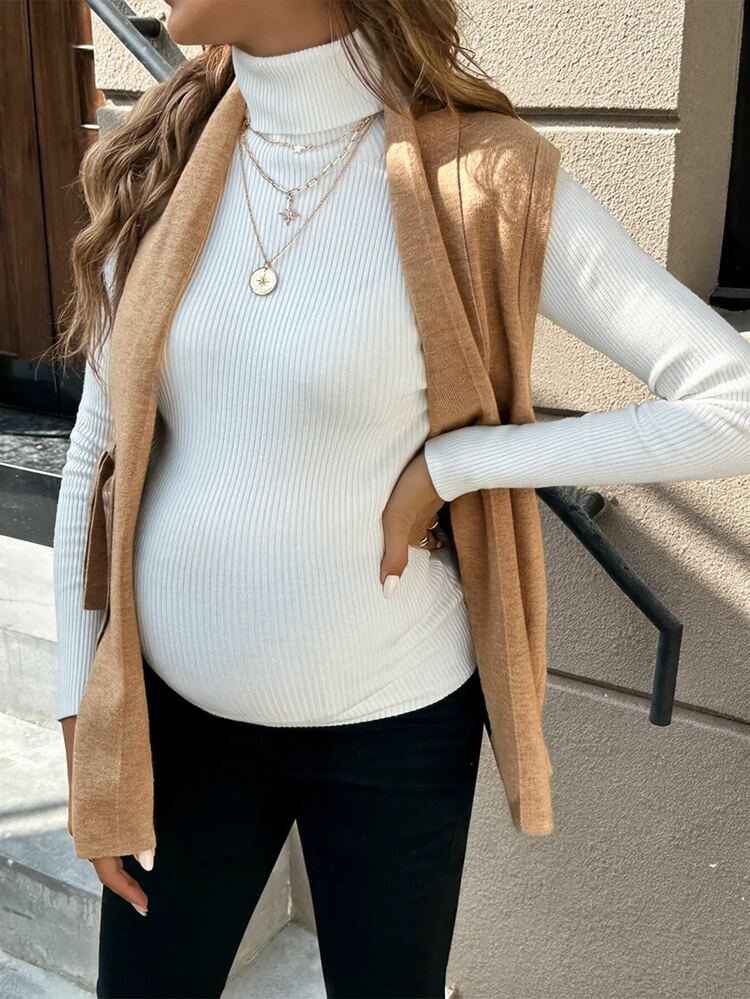Momance Maternity Solid Color Waist Tie Casual Versatile Knit Vest - Bronze - View 3