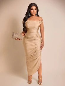Brilight Off Shoulder Ruched Midi Bodycon Dress, Draped Asymmetrical Cocktail Dress For Party Wedding Guest F - Khaki - View 7