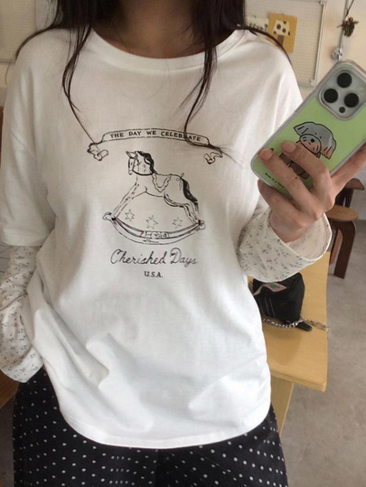 Dazy Plus Pattern Printed Contrast Lace Sleeve Layered Casual Korean Style White T-Shirt For Girls