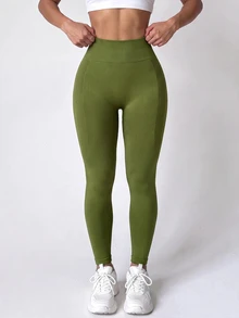 SHEIN Dewbera Women's Solid Color High Waist Casual Versatile Daily Wear Leggings - Green - View 5