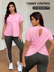 SHEIN Rhythm Era 大尺碼女款純色短袖上衣與長褲休閒日常運動套裝 - 彩色 - 查看 2