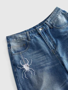 ROMWE MEN Men's Spider Web Embroidered Loose Fit Jeans - Medium Wash - View 4