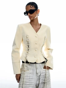 LYSMO Women's Solid Color V-Neck Tie Design Casual Daily Long Sleeve Jacket - Light Yellow - View 6