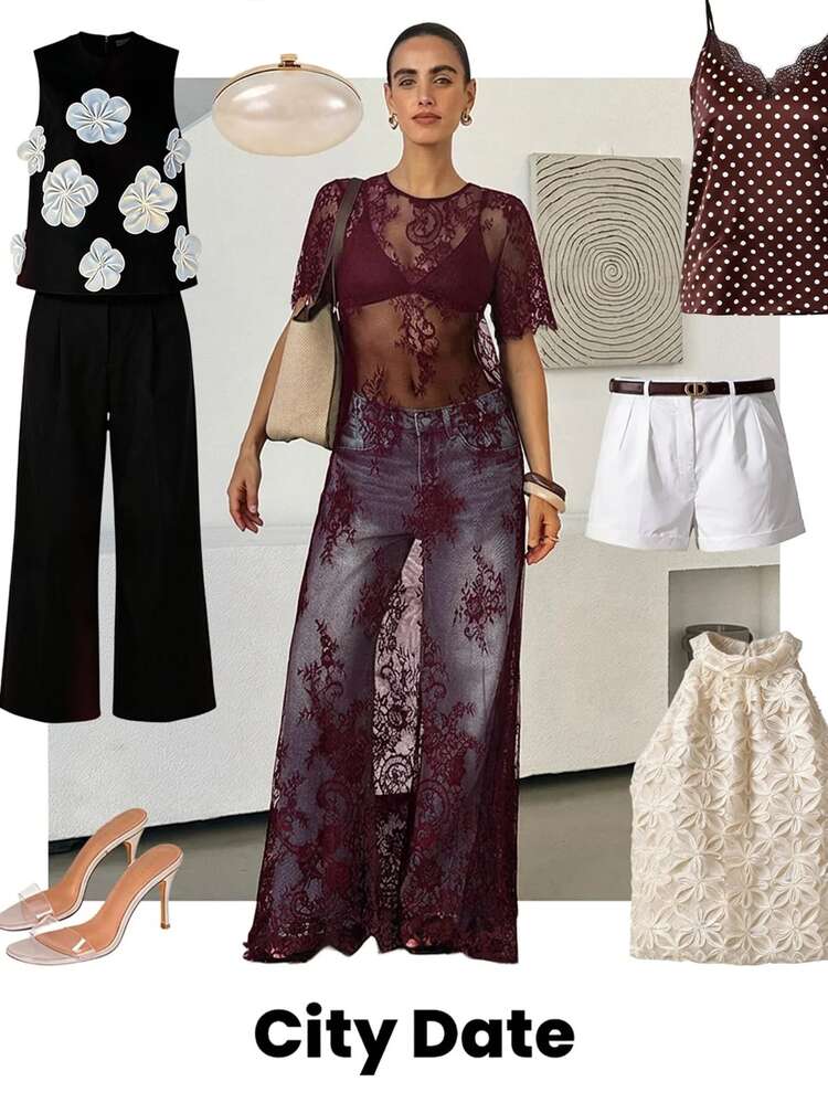 Chikora Plus Size Sexy Sheer Lace Dress - Burgundy - View 14