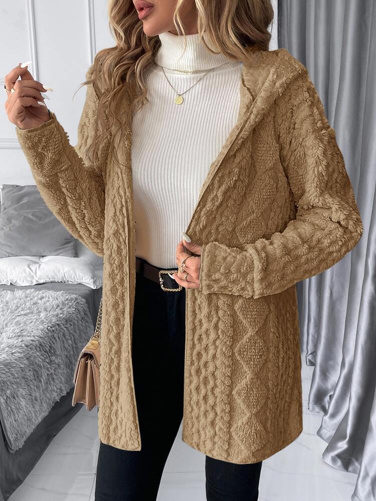 SHEIN Clasi Plus Size Women's Long Sleeve Fleece Hooded Open Front Jacket Brown Winter Casual - Brown - View 9