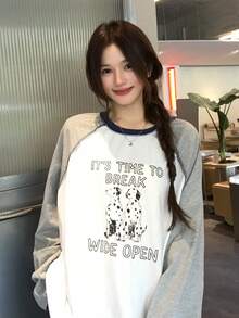 DAZY Women's Round Neck Long Sleeve Color Block Korean Style Girly Aesthetic T-Shirt Oversized Tshirts For Women Fall - Grey - View 8