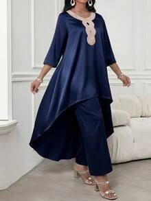 SHEIN Lady 女款優雅通勤高低領上衣與長褲兩件套 - 黑色 - 查看 4