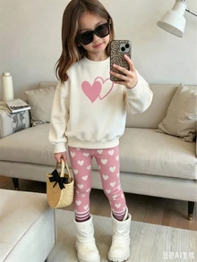 2件組女童甜美時尚愛心印花長袖運動衫與粉色滿版愛心印花內搭褲套裝，時尚簡約，適合日常穿著與戶外活動 - 彩色 - 查看 4