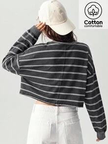 Bohemela Women's Striped Drop Shoulder Long Sleeve Casual Loose Sweatshirt - Black and White - View 6