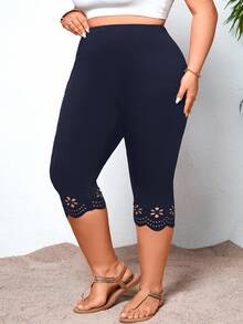 SHEIN CURVE+ 大尺碼女款黑色鏤空緊身內搭褲 - 藏蓝色 - 查看 5