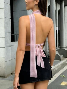 Cévolie 女款波點休閒百搭日常穿搭掛脖上衣 - 粉色 - 查看 2