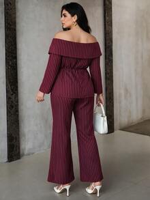 Modelyn Plus Size Women's Metal 3D Floral Decor Striped Off-Shoulder Long Sleeve Top And Flare Pants Elegant 2-Piece Set - Burgundy - View 5
