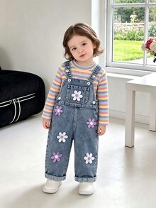純色長袖套頭上衣與3D兔子裝飾無袖吊帶褲女嬰T恤套裝 - 彩色 - 查看 3