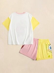 SpongeBob SquarePants | SHEIN Plus Size Women's Cartoon Print Short Sleeve Top And Shorts Casual Daily Home Sleepwear Set - Multicolor - View 2