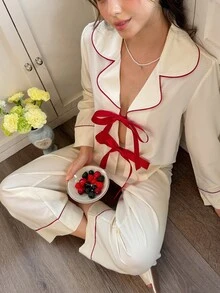 Snug Reverie Minimalist Contrast Trim Lace-Up Casual Home Loungewear 2 Pieces Set - Beige - View 1